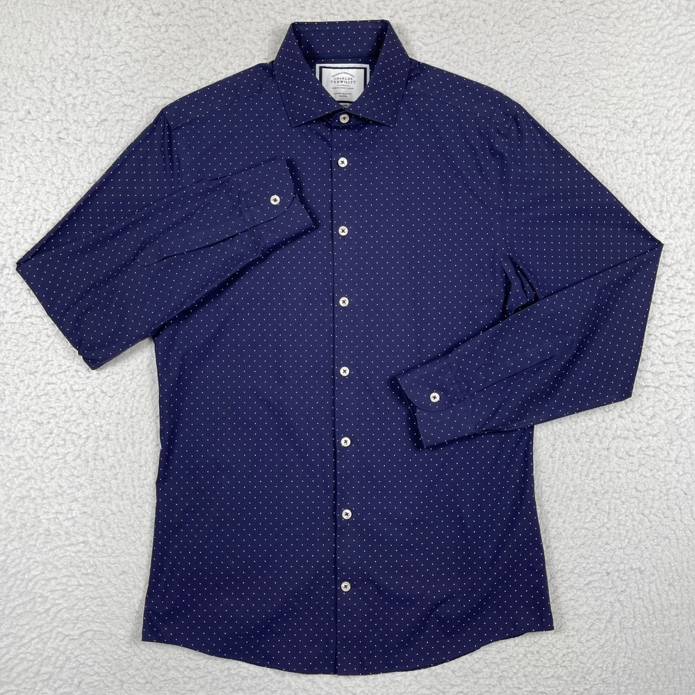Charles Tyrwhitt Shirt Mens 15.5/34 Navy Blue Extra Slim Fit Pin Dot Non-Iron